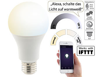 Smart Lampe: Luminea Home Control WLAN-LED-Lampe, für Alexa, Siri & Google Assistant, E27, 1.055 lm, CCT