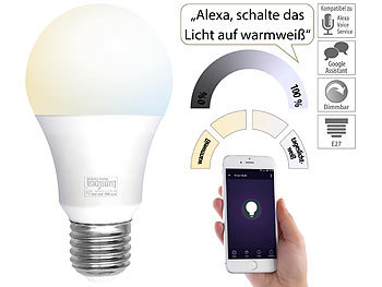 Luminea Home Control WLAN-LED-Lampe, E27, 806 lm, für Amazon Alexa & Google Assistant, CCT