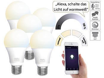 WiFi Glühbirne: Luminea Home Control 5er-Set WLAN-LED-Lampen, E27, 806lm, für Alexa & Google Assistant, CCT