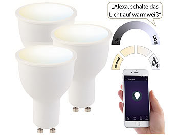 Luminea 3er-Set WLAN-LED-Lampen, Amazon Alexa & Google Assistant komp., GU10