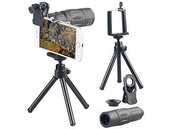 Handy Teleobjektiv: Somikon Vorsatz-Tele-Objektiv mit Smartphone-Stativ, 18-fache Vergrößerung