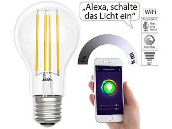 WLAN LED Lampen: Luminea Home Control LED-Filament-Lampe, komp. zu Amazon Alexa & Google Assistant, 6500 K
