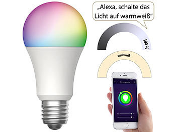 Luminea Home Control WLAN-LED-Lampe, für Amazon Alexa und Google Assistant, E27, RGBW, 15 W