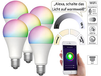 Luminea Home Control 5er-Set WLAN-LED-Lampen für Alexa & Google Assistant, E27, RGB/CCT, 9W