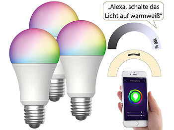 Luminea Home Control 3er-Set WLAN-LED-Lampen, für Amazon Alexa, GA, E27, RGBW, 15 W