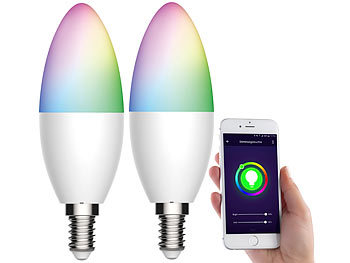 Smart LED: Luminea Home Control 2er-Set WLAN-LED-Kerze, E14, RGB-CCT, 5,5 W (ersetzt 40 W), 470lm, App