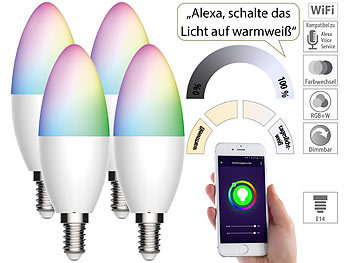Luminea Home Control 4er-Set WLAN-LED-Kerze, E14, RGB-CCT, 5,5 W (ersetzt 40 W), 470lm, App