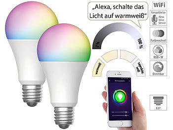 WLAN Glühbirne: Luminea Home Control 2er-Set WLAN-LED-Lampe, E27, RGB-CCT, 9W (ersetzt 75W), F, 800 lm, App