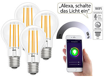 Luminea Home Control LED-Filament-Lampe, komp. zu Amazon Alexa / GA, 2700 K 4er-Set