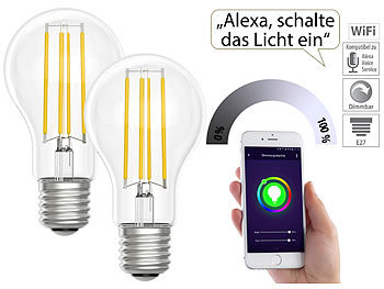 Luminea Home Control LED-Filament-Lampe, komp. zu Amazon Alexa / GA, 6500 K 2er-Set