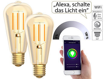 Luminea Home Control 2er-Set LED-Filament-Lampen, komp. zu Amazon Alexa & Google, 2200 K