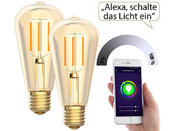Luminea Home Control 2er-Set LED-Filament-Lampen, komp. zu Amazon Alexa & Google, 2200 K