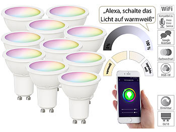 Einbaustrahler: Luminea Home Control 10er-Set WLAN-LED-Spots, GU10, RGB-CCT, 4,5 Watt, F; 350 lm, 100°, App