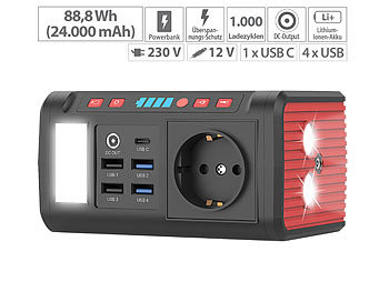 Powerpack: revolt Mini-Powerbank & Solar-Konverter, 24 Ah, 12/230 V, USB, LED, 120 Watt