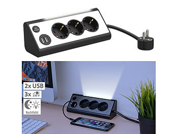 Ecksteckdose: revolt 3-fach-Eck-Steckdosenleiste mit 2 USB-Lade-Ports und LED-Nachtlicht