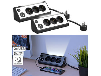 Ecksteckdosen: revolt 2er-Set 3-fach-Eck-Steckdosenleiste mit 2 USB-Lade-Ports & Nachtlicht