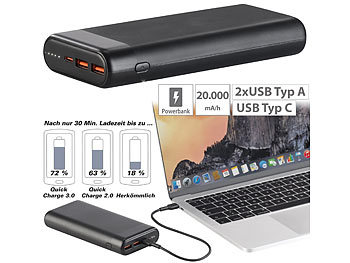 Notebook Powerbank: revolt Kompakte USB-Powerbank mit 20.000 mAh, USB-C PD, QC 3.0, 3 A, 65 W