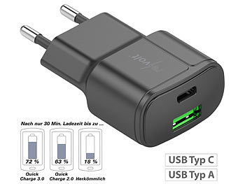 Ladeadapter: revolt Ultrakompaktes USB- & Notebook-Netzteil, USB-C/A, QC, PD, 30W, schwarz