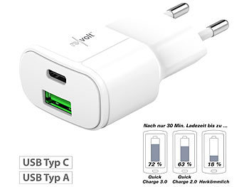 Ladegerät USB C: revolt Ultrakompaktes USB- & Notebook-Netzteil, USB-C & -A, QC, PD, 30W, weiß