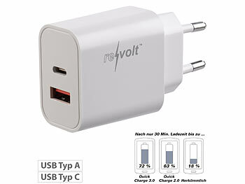 revolt 2er USB-Netzteile für Typ A & C, PD bis 20 Watt, Quick Charge 3.0, 3 A