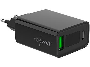 revolt Intelligentes 2-Port-USB-Netzteil, USB A & C, QC4.0+, PD 30 W, Display