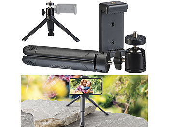 Kamera Halter: Somikon Mini-Dreibein-Stativ aus Alu, Kugelkopf, Smartphone-Halterung, 15,5 cm
