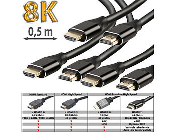 8K-HDMI-Anschlusskabel: auvisio 3er-Set High-Speed-HDMI-2.1-Kabel, 8K, 3D, HDR, eARC, 48 Gbit/s, 0,5 m