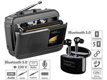 Kassetten-Spieler: auvisio Mobiler Kassettenspieler, Bluetooth-Transmitter + In-Ear-Headseat