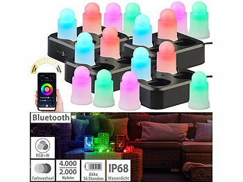 LED-Kerzen mit Ladegerät: Lunartec 16er-Set wetterfeste LED-RGBWW-Kerzen mit Akku und Ladeschale, App