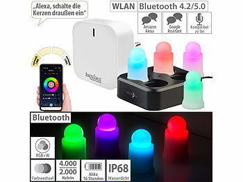LED-Kerzenlampen: Lunartec 4er-Set wetterfeste LED-RGBWW-Kerzen mit Akku, Ladesch., WLAN-Gateway