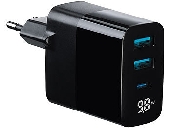 USB Ladegerät: revolt Intelligentes 3-Port-USB-Netzteil, USB A & C, QC 4.0, PD 30 W, Display