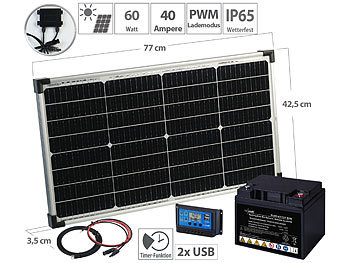 12V Akku: revolt 60-Watt-Solarpanel mit PWM-Laderegler und Blei-Akku, 480 Wh, 30 A