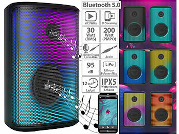Partybox: auvisio Mobile Outdoor-PA-Partyanlage & -Bluetooth-Boombox, Lichteffekte, 200W