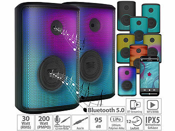 Party Anlage: auvisio 2er-Set mobile Outdoor-PA-Partyanlagen & -Bluetooth-Boomboxen, 200 W