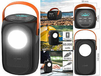 Powerbank für Smartphone: revolt Powerbank 60.000 mAh, 2x USB-C mit PD 65 W, 4x USB-A, LED-Licht, Griff