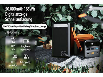 revolt Powerbank 50.000 mAh, USB-C PD bis 65 W, 3x USB-A, Super Charge, LED