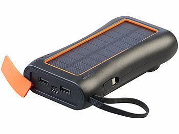 revolt Kurbel-Dynamo-Powerbank mit Solarpanel, 10 Ah / 37 Wh, USB-C, 2x USB-A