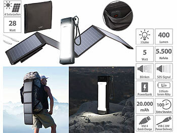 Solar-Powerbank Faltbares Solarpanel: revolt Outdoor-USB-Powerbank mit 28-Watt-Solar-Ladegerät, 20.000 mAh