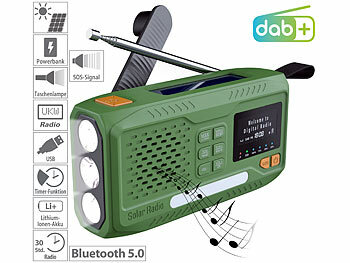 Notfallradio: infactory Mobiles DAB+-Kurbelradio mit EWF, Solarpanel, LED, USB, Bluetooth 5