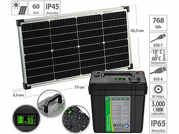 Powerstations LiFePO4: tka LiFePO4-Akku mit 60-Watt-Solarpanel, 12 V, 60 Ah / 768 Wh, DC + USB