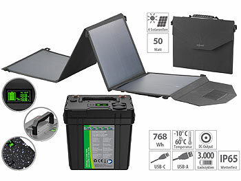 Solar Set mit Batterie: tka LiFePO4-Akku mit 50-Watt-Falt-Solarpanel, 12 V, 60 Ah/ 768 Wh, DC, USB