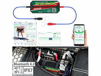 Lescars Batterietester: Kfz-Batterie-Wächter, Standort-Suche, Bluetooth,  App, 6/12/24 V, IPX7 (Autobatterie-Tester)
