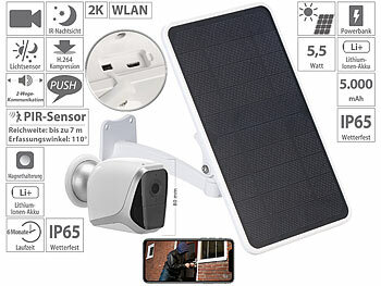 W-LAN-Kamera mit Akku: VisorTech 2K-IP-Kamera mit Solar-Powerbank, 3 Megapixel, 5,5 Watt, IP65