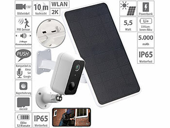Überwachungskamera 2K: VisorTech Outdoor-2K-Kamera mit Solar-Powerbank, WLAN, App, IP65