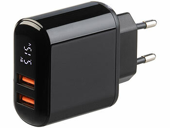USB Stecker: revolt 2-Port-USB-Netzteil mit 2x USB-A, Quick Charge & Display, 18W, schwarz