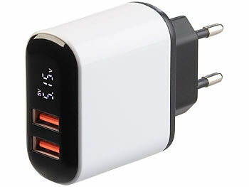 220-Volt Stecker mit USB: revolt 2-Port-USB-Netzteil mit 2x USB-A, Quick Charge und Display, 18W, weiß