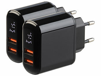 230V-to-USB: revolt 2er-Set 2-Port-USB-Netzteile, 2x USB-A, QC & Display, 18W, schwarz