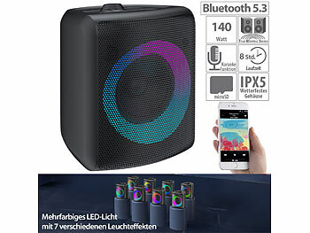 Mobile Partybox: auvisio Mobile Outdoor-PA-Partyanlage & -Bluetooth-Boombox, Lichteffekte, 140W