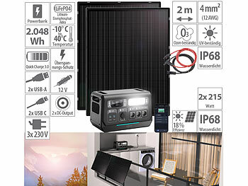 2in1-Hochleistungsakkus & On-Grid-Solar-Konverter mit WLAN, App & Solarmodulen: revolt On-Grid-Powerstation & Solar-Konverter 2.048Wh mit 2x 215-W-Solarmodul
