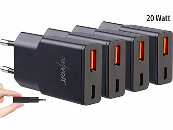 PD-Netzteil: revolt 4er-Set Ultrakompakte USB-A/C-Netzteile, Power Delivery 20 W, schwarz